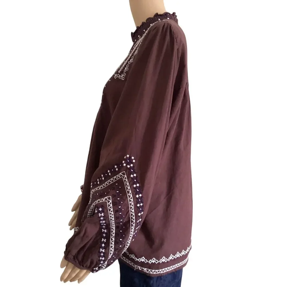 Zara Embroidered Beaded Bohemian Blouse Mock Neck Balloon Sleeve Plum Brown XL - Picture 2 of 6
